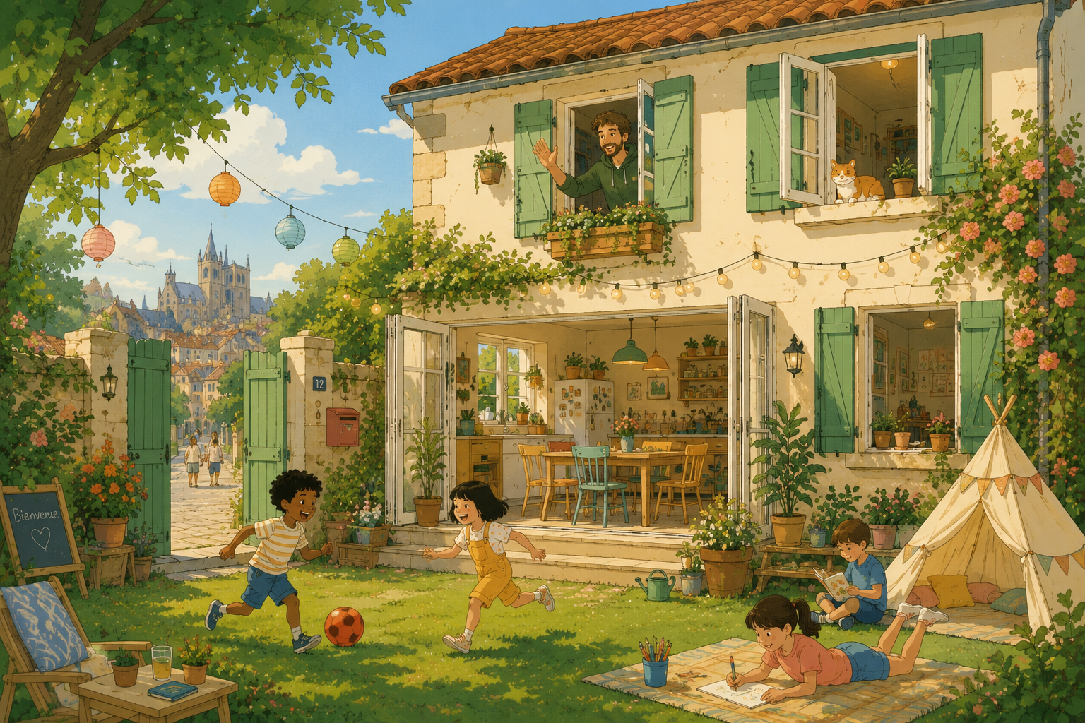 Illustration d'une maison familiale animée : des enfants jouent, dessinent et lisent dans le jardin pendant l'aventure au pair